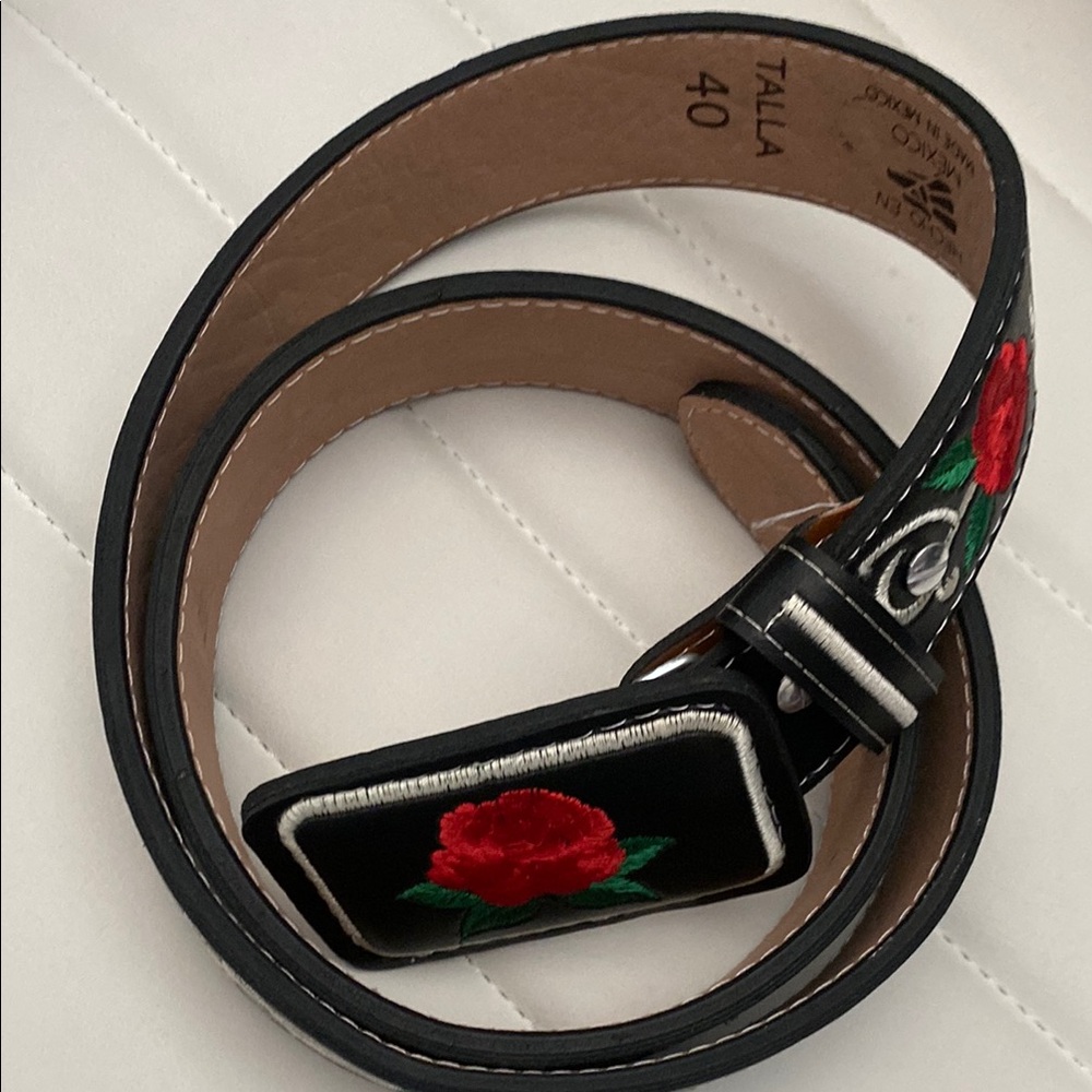Embroidered Black Belt with Red Rose Design